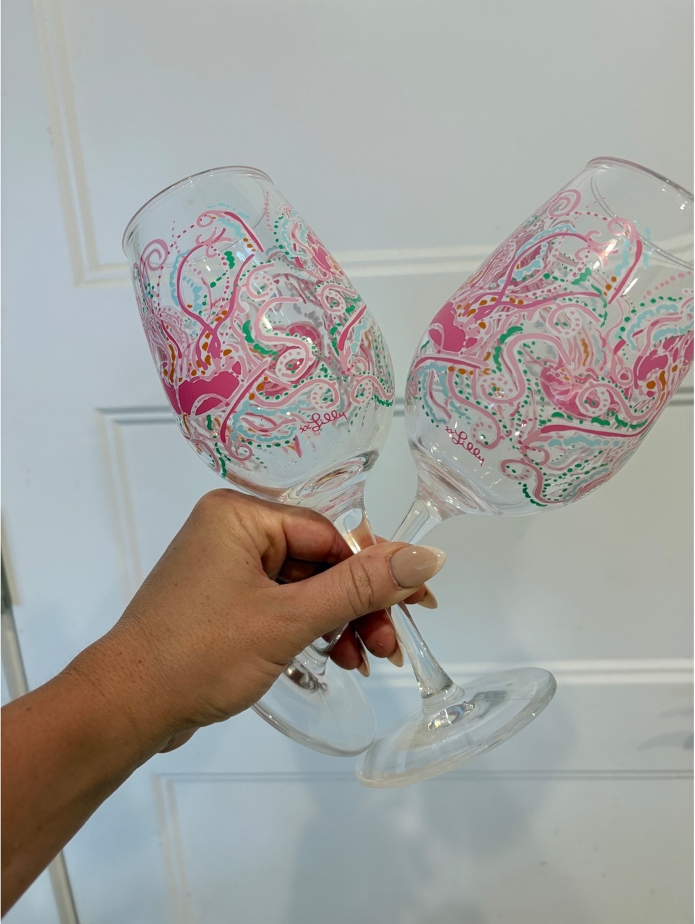 Lilly Pulitzer Acrylic Wine Glasses Set of 2 Pink Green Paisley Stemmed Cups